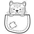 Pocket Cat. Childish print with kitty for t-shirt. Black and white vector illustration for coloring book Royalty Free Stock Photo